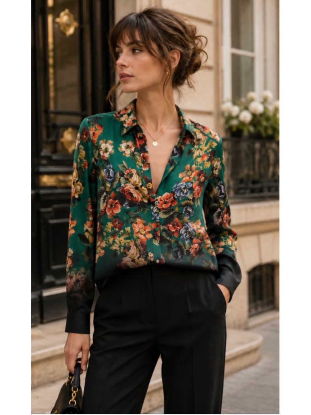 Alice + Olivia Floral Blouse, Green and Black NWT! Large